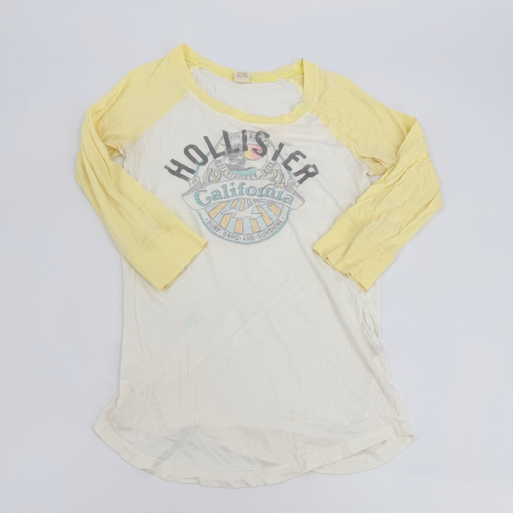 Hollister Baseball Tee Graphic Raglan Y2K Women Large White Yellow California